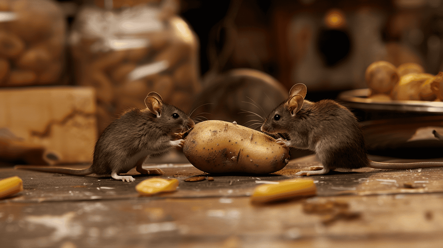 Two brown house mice nibbling on a raw potato on a wooden floor, with more potatoes in a bowl behind them